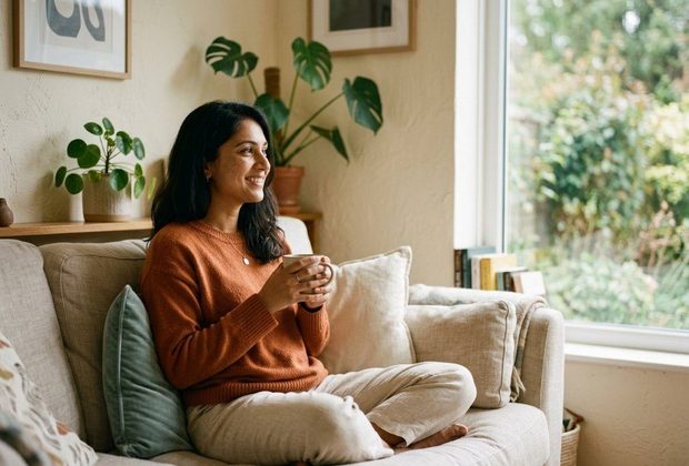 Person relaxing at home with a warm drink