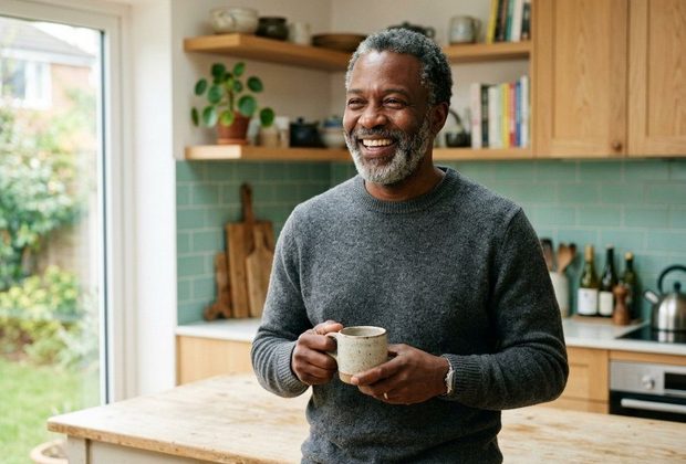 Person in a bright kitchen holding a mug