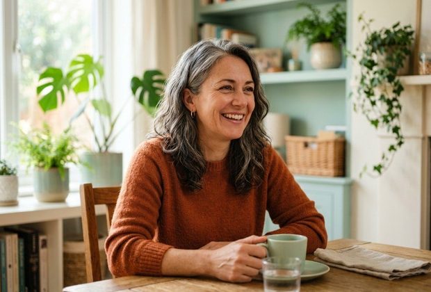 Person seated at a dining table at home